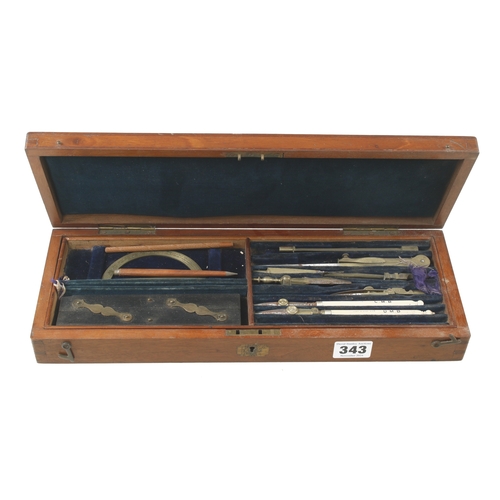 343 - A 6 piece brass drawing set incl. set of boxwood marquois rules in orig mahogany box G