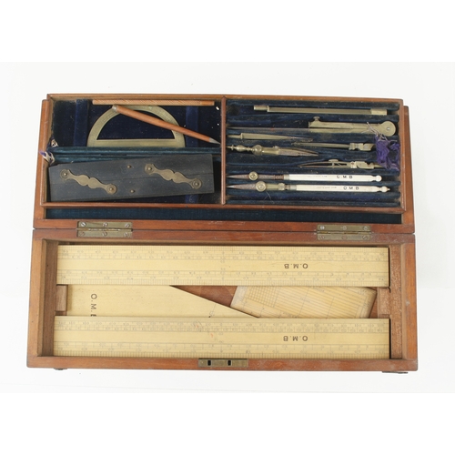 343 - A 6 piece brass drawing set incl. set of boxwood marquois rules in orig mahogany box G