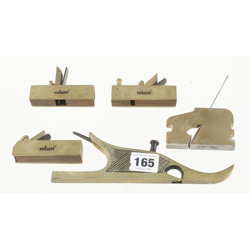 165 - Two brass planes (one lacks wedge) and 3 other planes G+