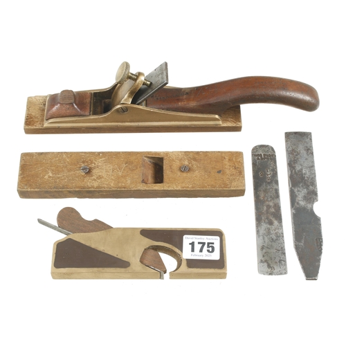 175 - A patternmaker's brass sole plane with two soles and cutters and a brass rebate plane G+