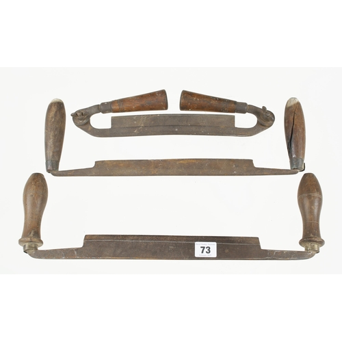 73 - A drawknife with folding handles and two others, one handle cracked G