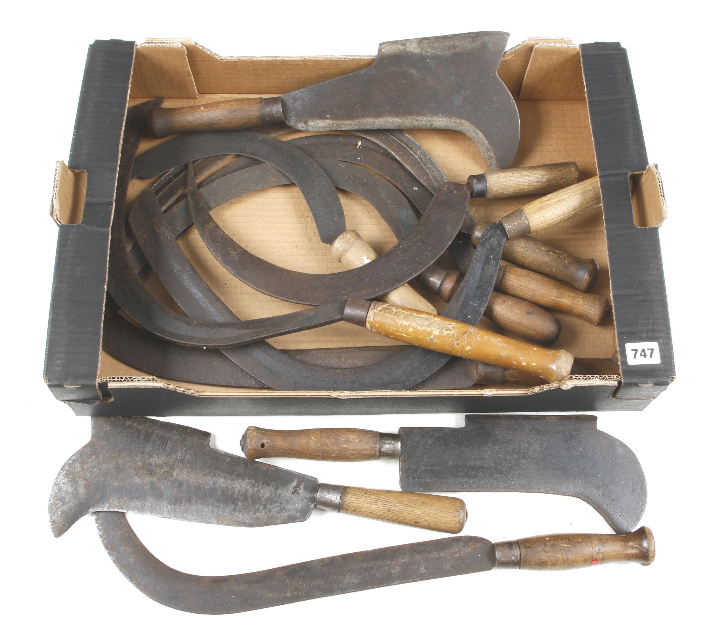 Nine bush hooks and 3 billhooks G