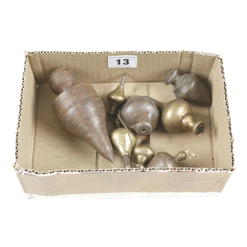 13 - Five brass plumb bobs and 3 others G