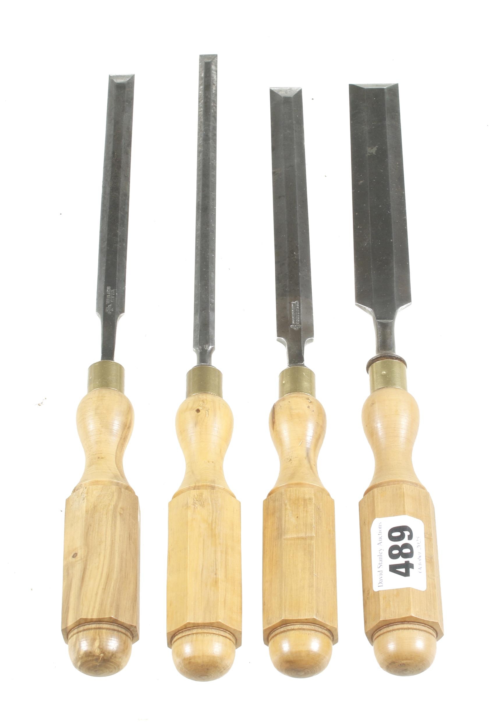 Four London pattern long bevel edge paring chisels with boxwood handles G++