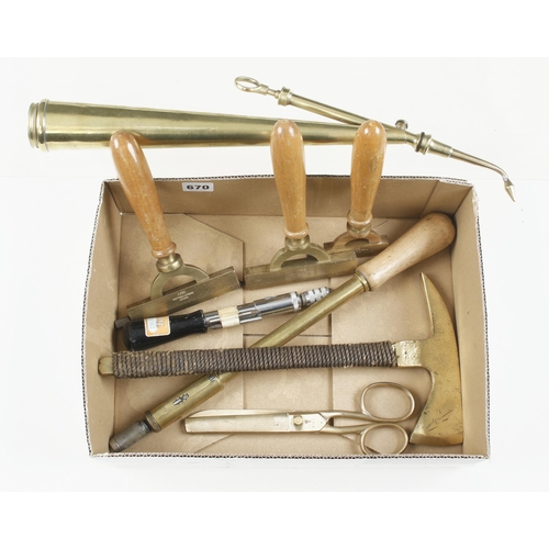 Three printer's typesetting clamps and other brass tools G+