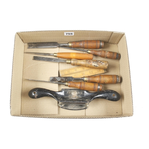 Six chisels, a boxwood rule and a STANLEY No 80 scraper G+