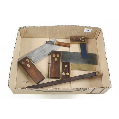36 - A boatbuilder's rosewood and brass bevel and 4 squares G+