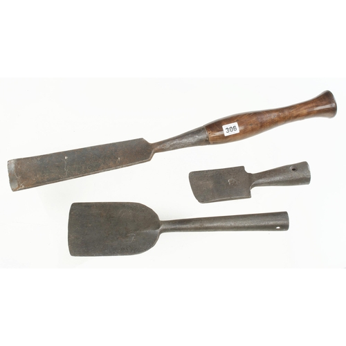 A heavy flared gouge and two large chisels or slicks with maker's marks G