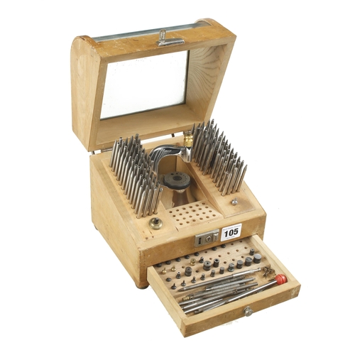 105 - An almost complete watchmaker's staking set in orig lockable box G+