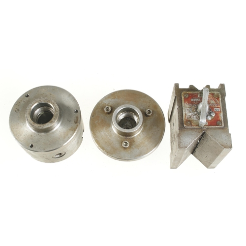 106 - An ECLIPSE No 934 magnetic base, two lathe chucks (one by Pratt) etc G+