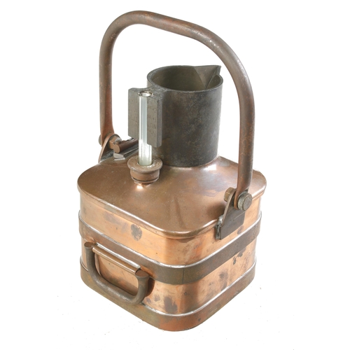 112 - A copper petrol measure by DEGRAVE SHORT London marked Borough of Accrington  with brass level in or... 