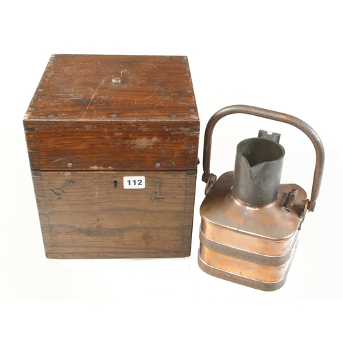 112 - A copper petrol measure by DEGRAVE SHORT London marked Borough of Accrington  with brass level in or... 