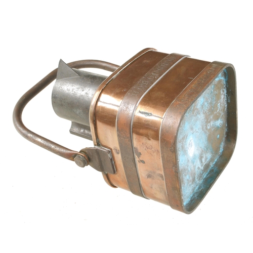 112 - A copper petrol measure by DEGRAVE SHORT London marked Borough of Accrington  with brass level in or... 