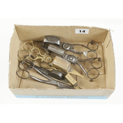 14 - Six candle snuffers or wick trimmers, one repaired G