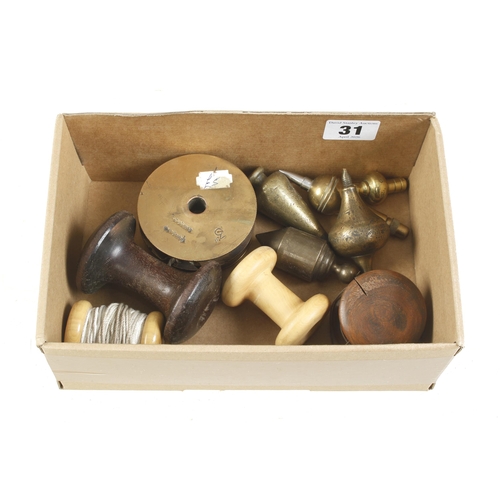 31 - Five brass plumb bobs with reels G+