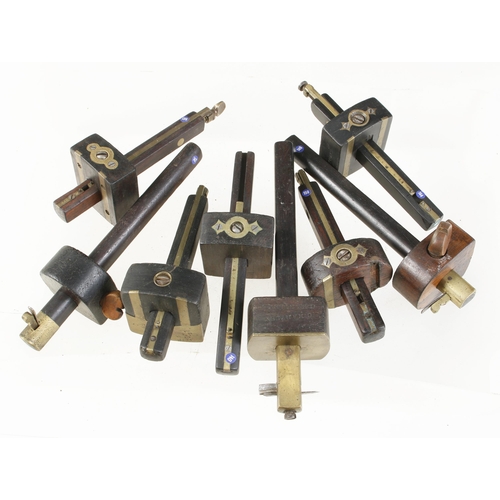 35 - Eight ebony or rosewood and brass mortice or slitting gauges G+