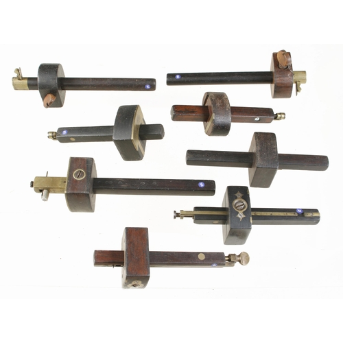 35 - Eight ebony or rosewood and brass mortice or slitting gauges G+