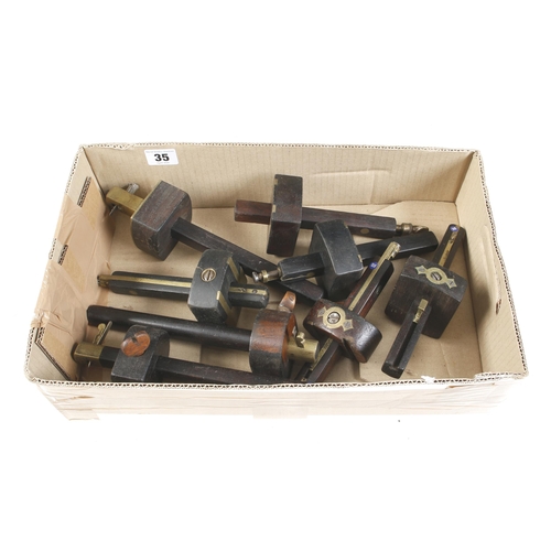35 - Eight ebony or rosewood and brass mortice or slitting gauges G+