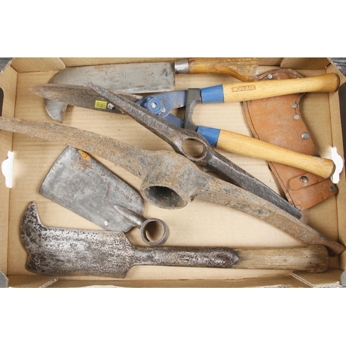 67 - Two billhooks an adze head etc G