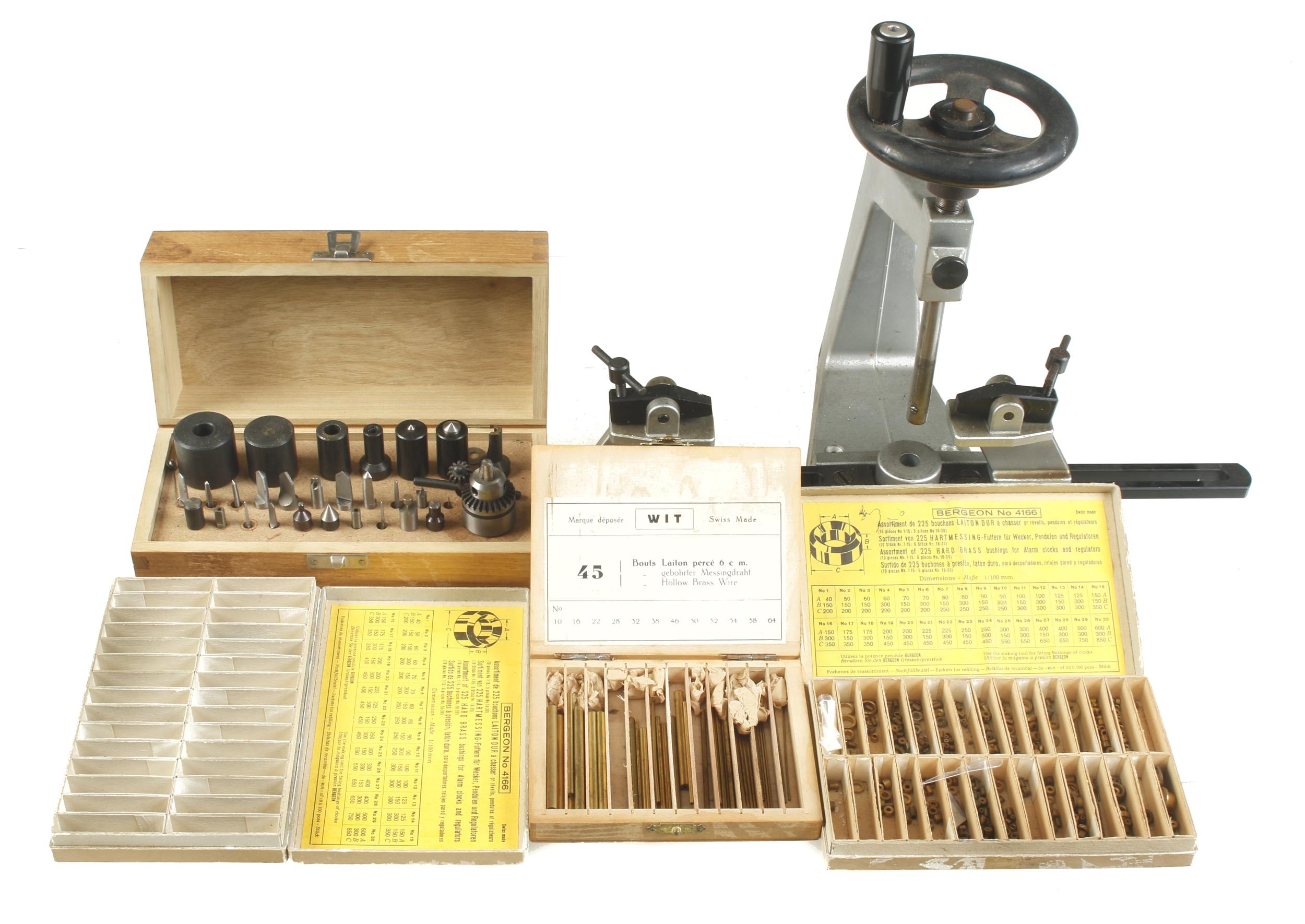 A BERGEON No 6200 clock bushing tool c/w 4 boxes of Bergeon brushes G+
