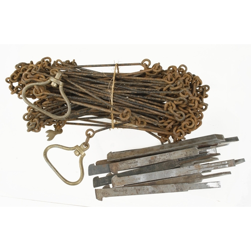 74 - A 100' surveyor's land chain and 12 plough irons G