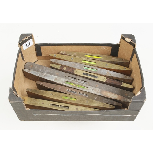 13 - Nine brass topped levels by MARPLES, RABONE etc G