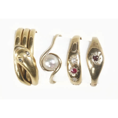 18 - Four 18ct gold rings each with pearl or stone decoration 13 grams total weight