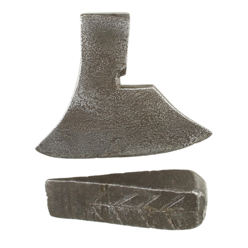 32 - A R/H side axe head (some pitting) and an unusual iron logging wedge G