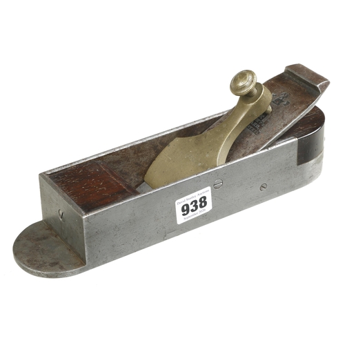A 10 1/2" d/t steel mitre plane by SPIERS Ayr with elongated gunmetal lever and, most unusually, the rear rosewood infill extending to the edge of the heel, a feature not previously seen c/w orig Ward 2 3/8" snecked iron G++