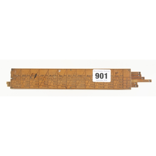 An extremely rare 9" six slide boxwood interest calculating rule by NAT SMITH Fecit (w.1711 d c1748 see Gloria Clifton p256) The 6 slides marked 1-9 also 1-10-100-1000-10000 and 100000 The slides are removeable to be replaced upside down to reveal similar markings, the reverse has a calendar with the number of days from day one to 4 years, minor stains G+