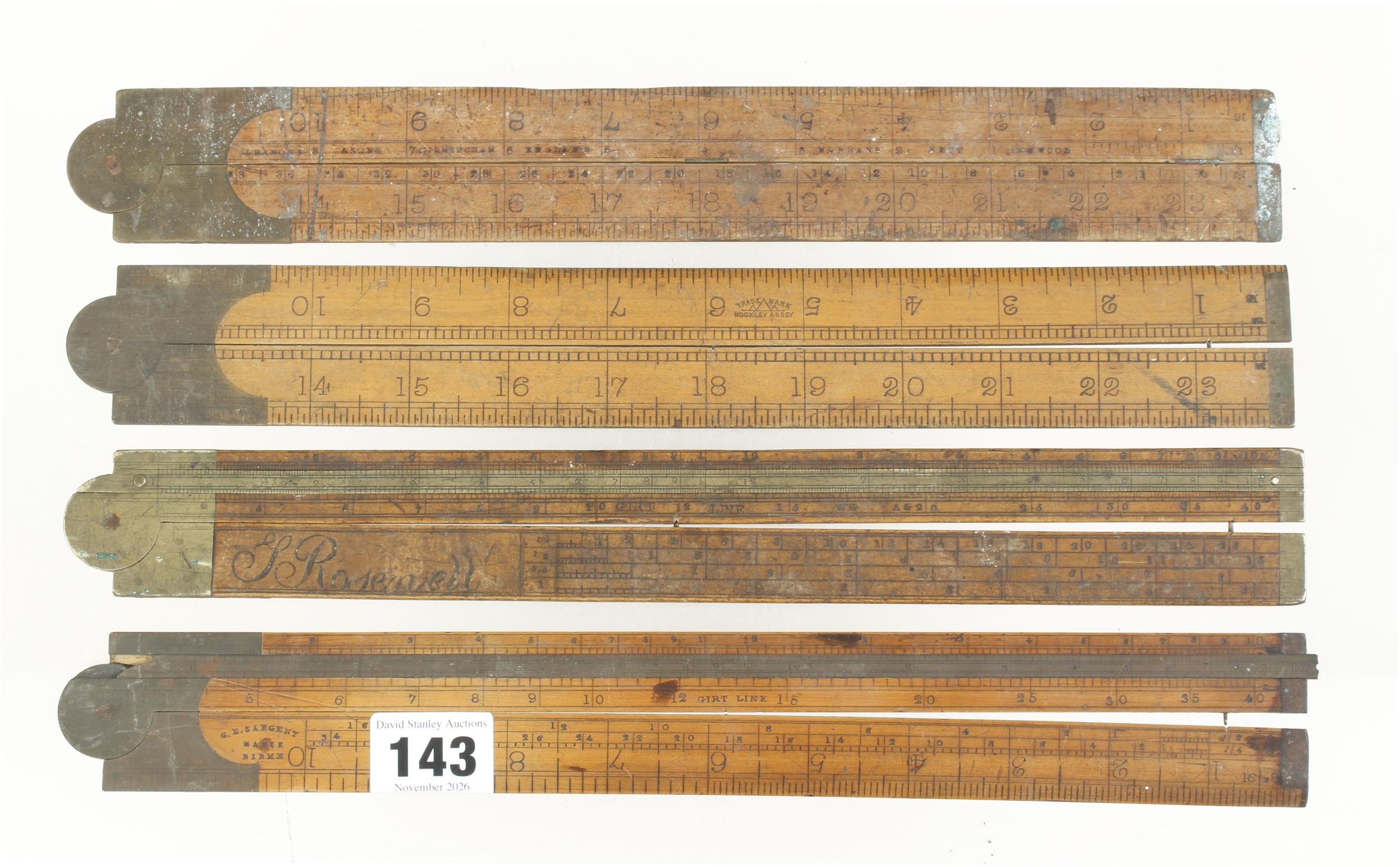 Four 2' four fold boxwood slide rules by SARGENT etc for restoration G