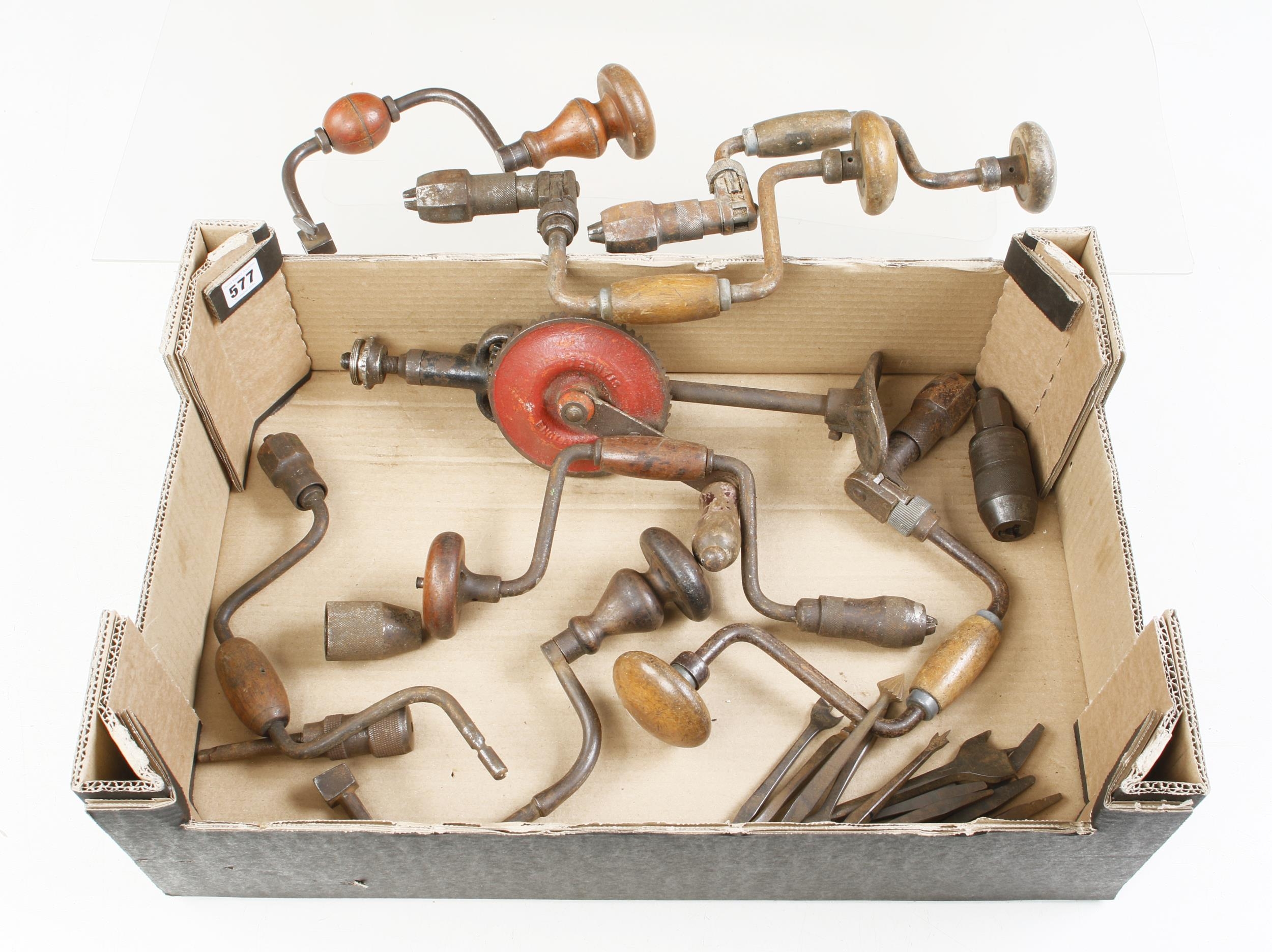 Three ratchet braces, breast drill etc G