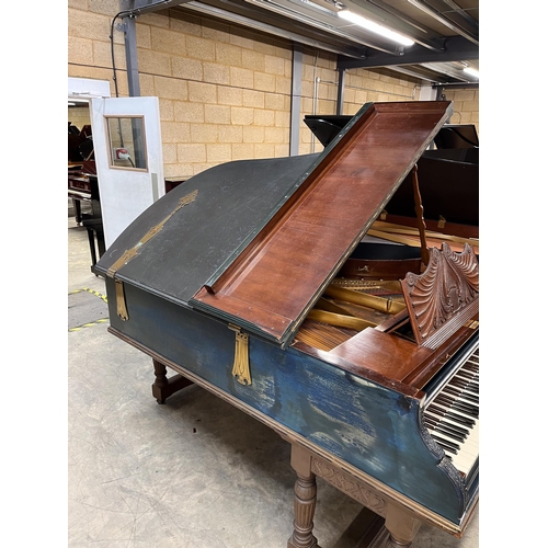 12 - Blüthner (c1886)A grand piano in a carved mahogany and blue painted case, raised on 3 sets of dual t... 