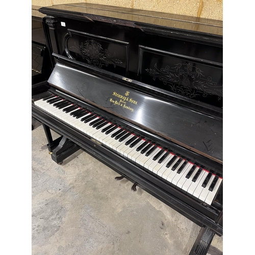 37 - Steinway (c1891)An upright piano in an ebonised case; together with a stool. IRN: HXWCNZAH