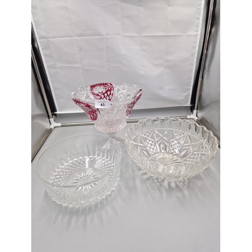 43 - A Red and Clear Footed Glass Bowl and 2 Other Glass  Bowls.