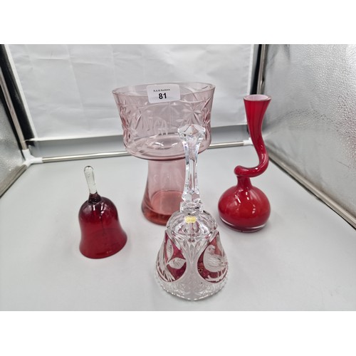 81 - Crystal Items x4 To Include A Crystal Vase, Red Vase and 2 Bells.