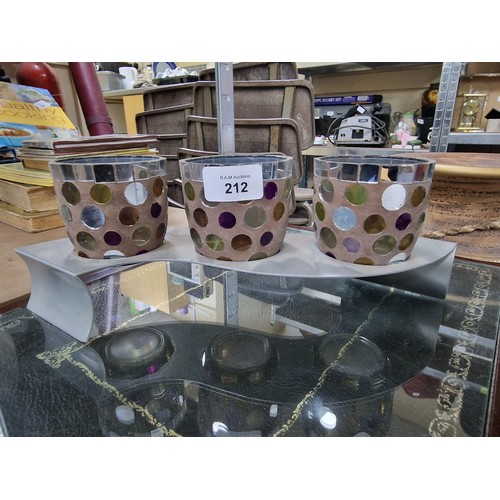 212 - Set Of 3 Glass Candle Holders In A Metal Stand.