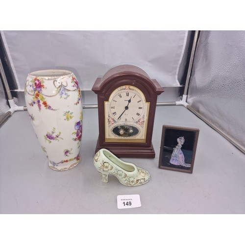 149 - German Quartz Clock, Miniature Vase, Shoe and A Framed Victorian Lady Picture.