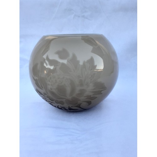 62 - Art Glass Bowl with Floral Etching in Beige with white Interior