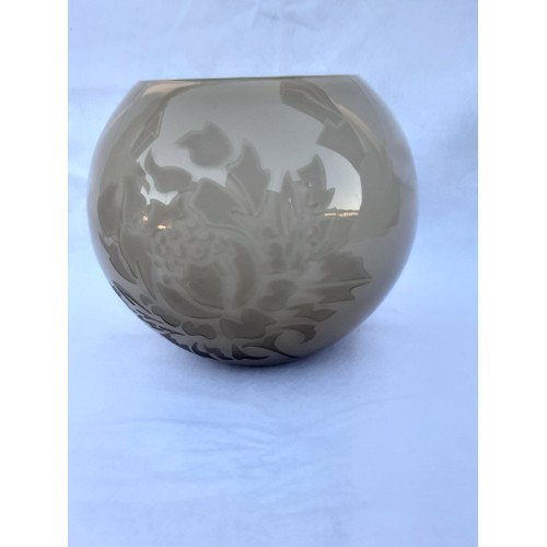 62 - Art Glass Bowl with Floral Etching in Beige with white Interior