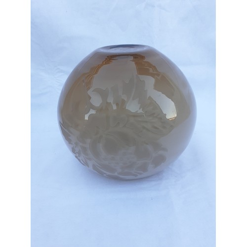 62 - Art Glass Bowl with Floral Etching in Beige with white Interior