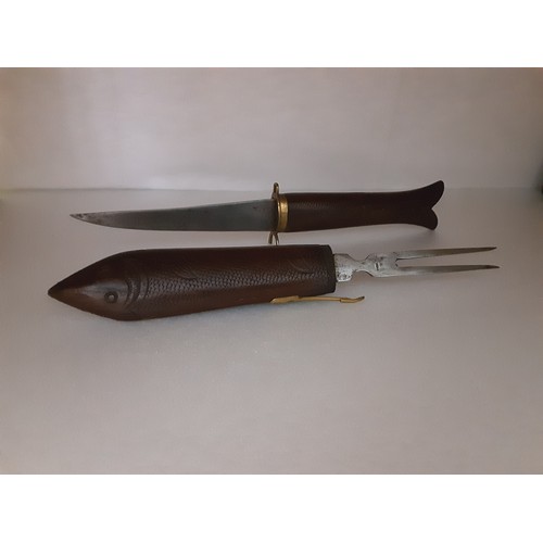 77 - Fish Carving Knife and Fork in Wooden Fish Shaped Holder