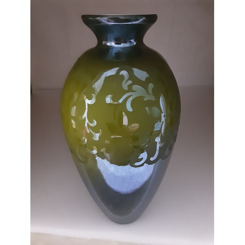 151 - Olive Green Glass Vase with Floral Etching on the shoulder. 33cm High.