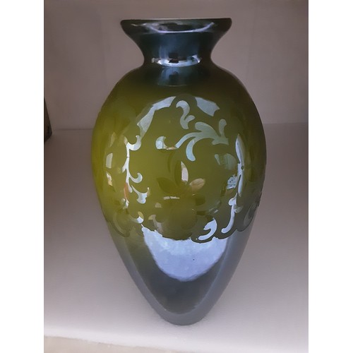 151 - Olive Green Glass Vase with Floral Etching on the shoulder. 33cm High.