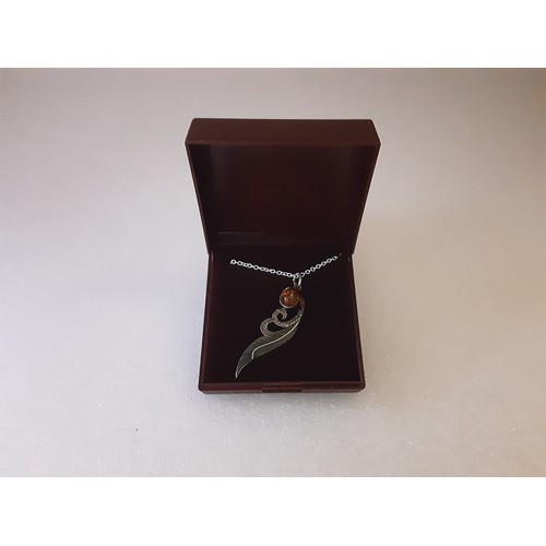 156 - 925 Silver Necklace with Amber on Feather Like Design Pendant