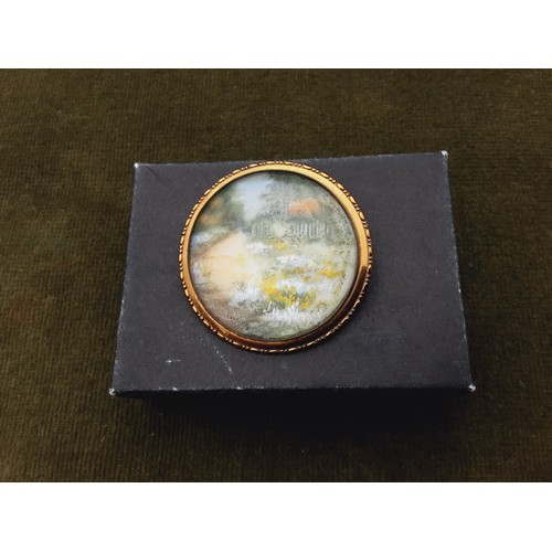 163 - Hand Painted Brooch of a Garden Scene, Signed T. Mott.