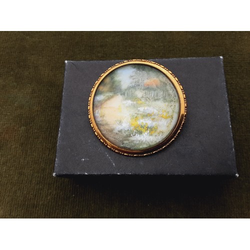 163 - Hand Painted Brooch of a Garden Scene, Signed T. Mott.