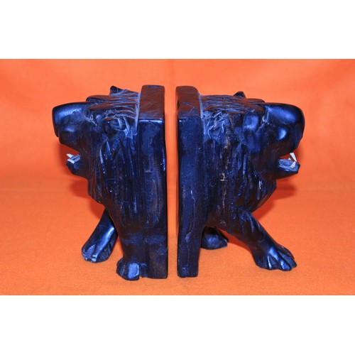 187 - Pair of Ebony Lions Head Bookends - (1 AF)