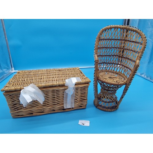 78 - Wicker Basket + Wicker Doll/Teddys Chair