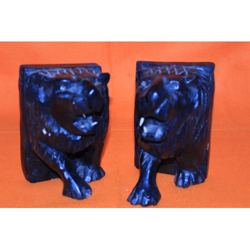 187 - Pair of Ebony Lions Head Bookends - (1 AF)